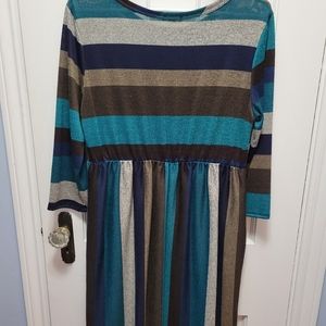 Multi-color (teal, brown/tan, navy) dress, Egs brand, size medium